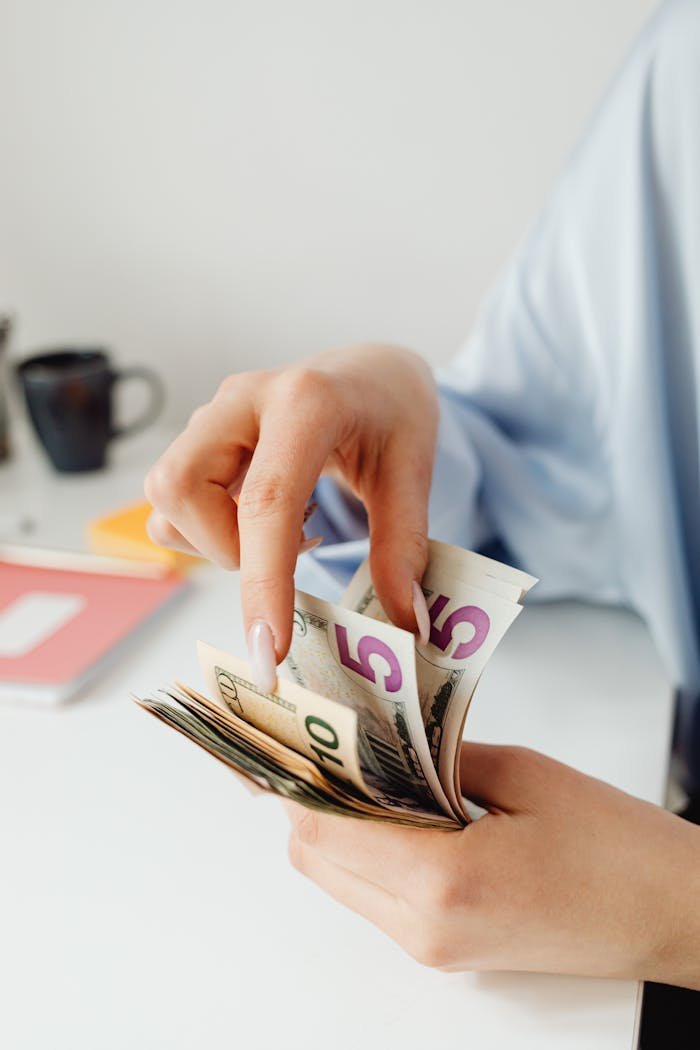 A person counts Euro and US Dollar bills at a desk, showcasing financial management.
